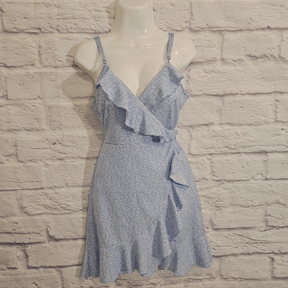 Ruffle Trim Wrap Tie Side Ditsy Floral Slip Dress